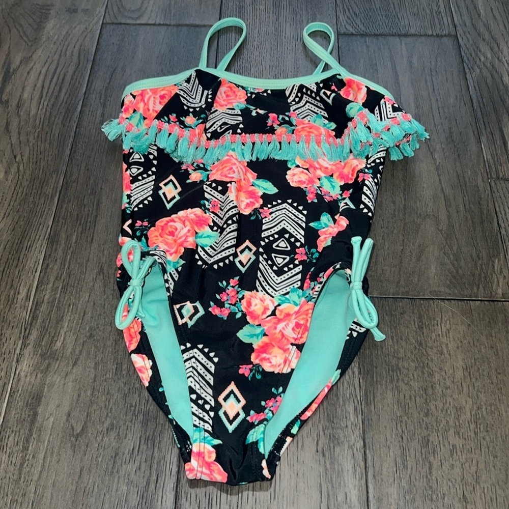Toddler girl fluorescent like color fringe top swimsuit